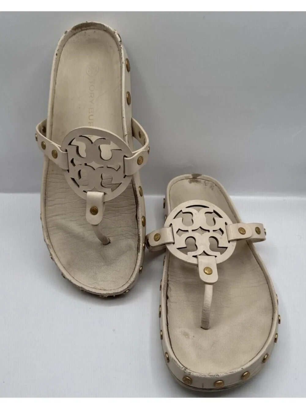 Tory Burch Womens Miller Cloud Coin Thong Sandal Double T Logo New Cream Sz 8